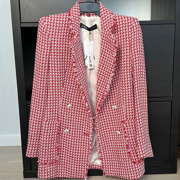 NEW Zara Pink & White Tweed Double Breasted Blazer - Picture 2 of 7